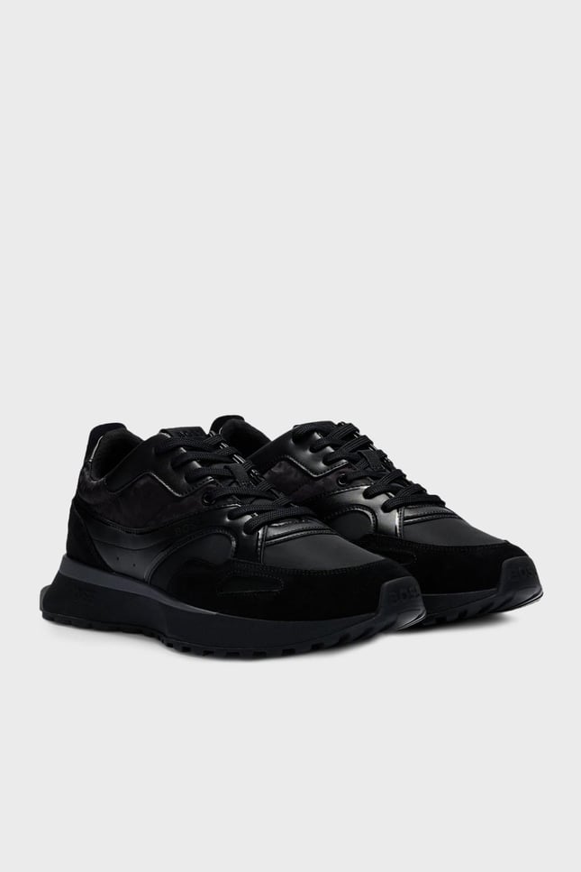 BOSS Erkek Rahat Kalın EVA Dış Taban Monogram Logolu File Ve Deri Karışımlı Siyah Sneaker 50536496-005