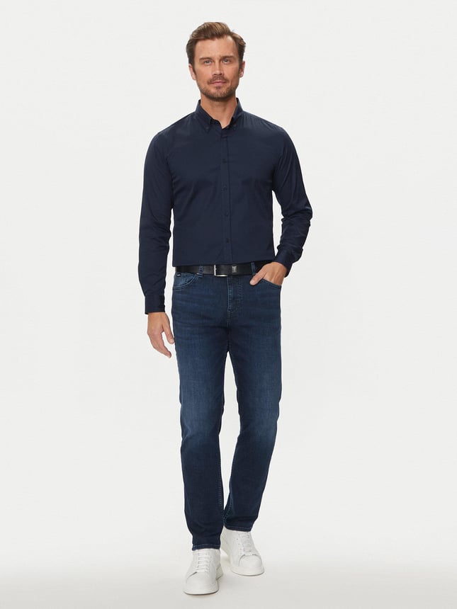 BOSS Erkek Slim Fit Uzun Kollu Logo Desenli Lacivert Gömlek 50520291-404