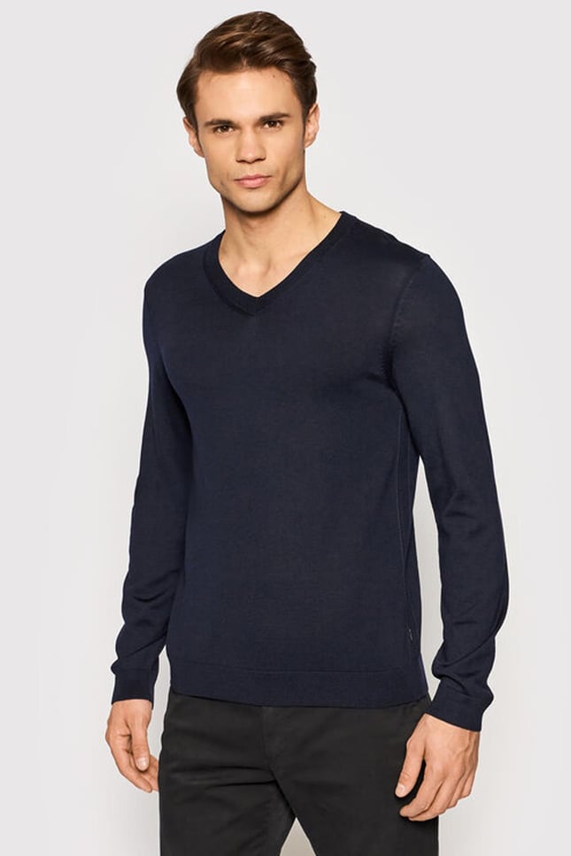 BOSS BOSS Erkek V Yaka Slim Fit Uzun Kollu Lacivert Kazak 50378576-LACİVERT