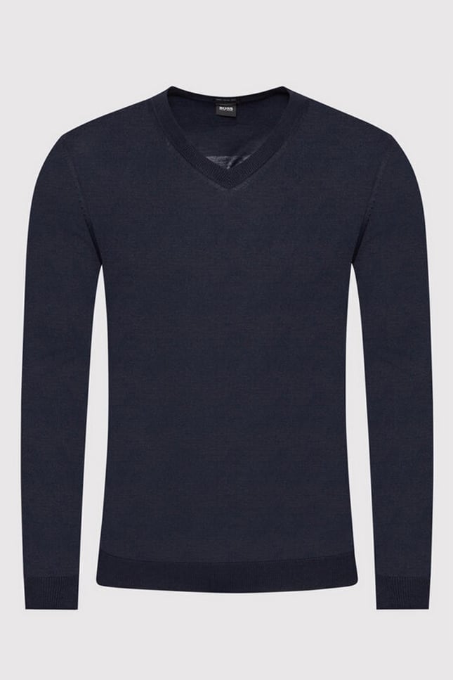 BOSS Erkek V Yaka Slim Fit Uzun Kollu Lacivert Kazak 50378576-LACİVERT