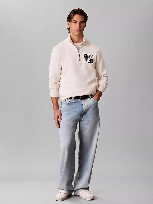 Calvin Klein Erkek Normal Kalıp Yarım Fermuarlı Dik Yakalı Pamuklu Logo Kabartmalı Uzun Kollu Ekru Sweatshirt LV04RH250G-YAS