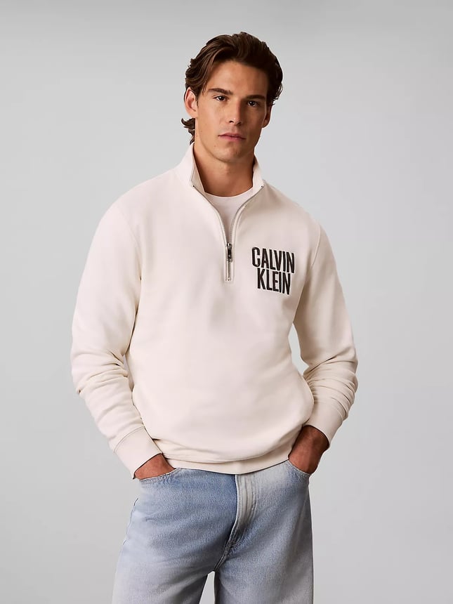 Calvin Klein Erkek Normal Kalıp Yarım Fermuarlı Dik Yakalı Pamuklu Logo Kabartmalı Uzun Kollu Ekru Sweatshirt LV04RH250G-YAS