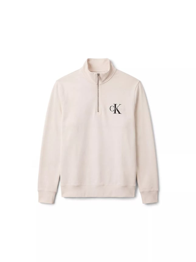 Calvin Klein Erkek Regular Fit Pamuklu Dik Yaka Yarım Fermuarlı Logolu Uzun Kollu Ekru Sweatshirt LV04RG280G-YAS