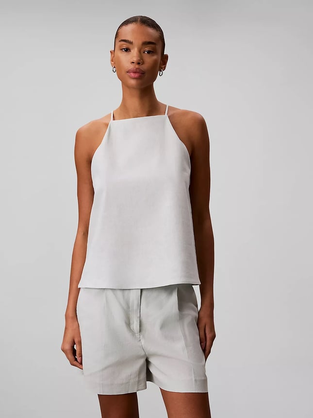 Calvin Klein Calvin Klein Kadın İnce İp Askılı Omuzları Açık CK Logo Detaylı Keten Yeşil Gömlek LV047F119G-3Q0
