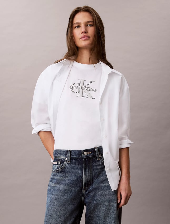 Calvin Klein Kadın Normal Kalıp CK Logo Baskılı Yuvarlak Yakalı Kısa Kollu Beyaz T-Shirt LV047H800G-YAF
