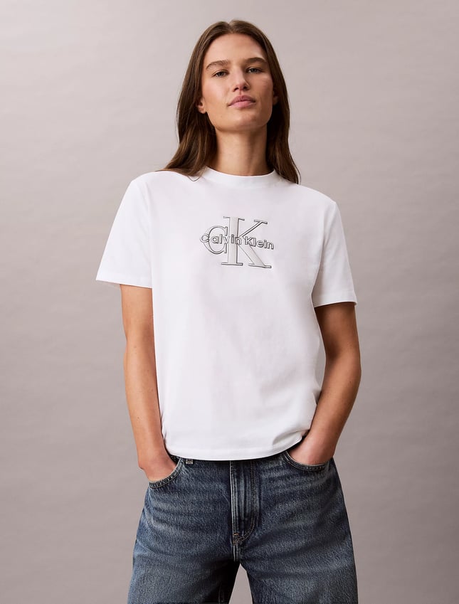 Calvin Klein Kadın Normal Kalıp CK Logo Baskılı Yuvarlak Yakalı Kısa Kollu Beyaz T-Shirt LV047H800G-YAF