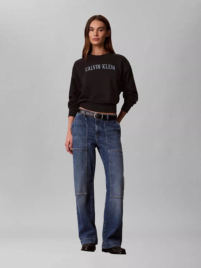 Calvin Klein Kadın Rahat Kalıp Yuvarlak Yakalı Logo Baskılı Düşük Omuzlu Pamuklu Uzun Kollu Siyah Sweatshirt LV047H806G-UB1