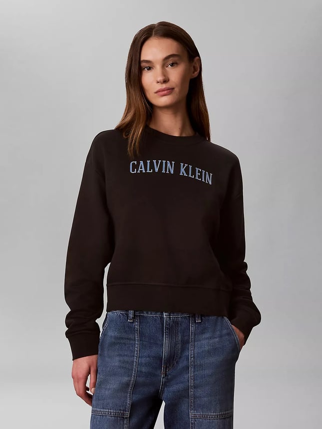 Calvin Klein Kadın Rahat Kalıp Yuvarlak Yakalı Logo Baskılı Düşük Omuzlu Pamuklu Uzun Kollu Siyah Sweatshirt LV047H806G-UB1