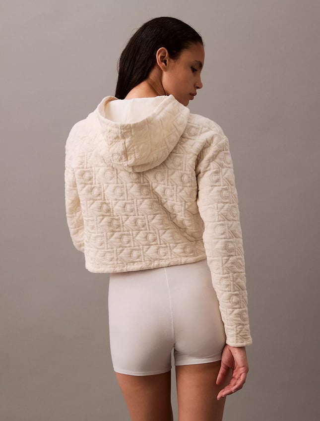 Calvin Klein Kadın Regular Fit Kapüşonlu Marka Logo Baskılı Uzun Kollu Beyaz Spor Eşofman Takımı 000QS7267E-101