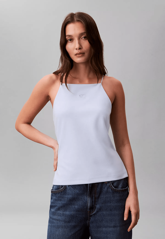 Calvin Klein Calvin Klein Kadın Slim Fit Dar İp Askılı Pamuklu Düz Dokuma Kumaş Mavi Bluz LV044F206G-C1O