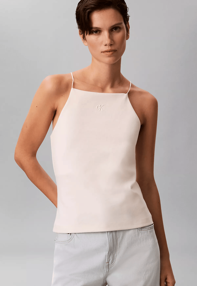 Calvin Klein Calvin Klein Kadın Slim Fit Dar İp Askılı Pamuklu Düz Dokuma Kumaş Krem Bluz LV044F206G-YAS
