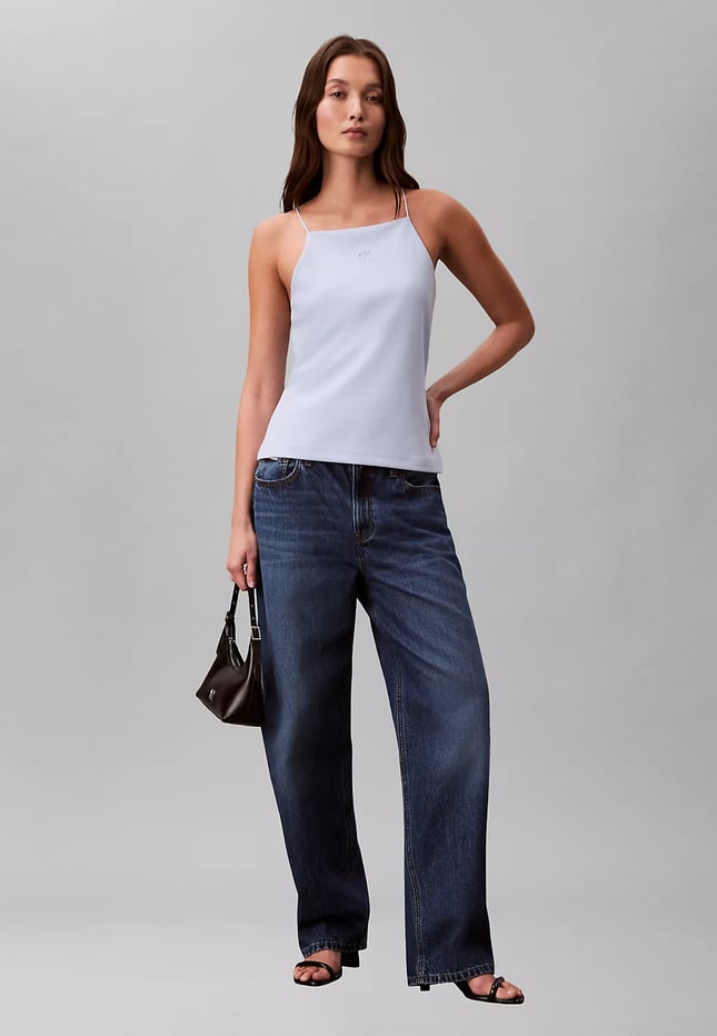 Calvin Klein Kadın Slim Fit Dar İp Askılı Pamuklu Düz Dokuma Kumaş Mavi Bluz LV044F206G-C1O