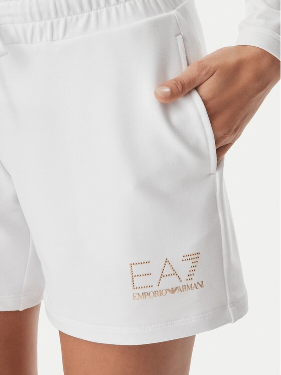 Ea7 Kadın Esnek Viskoz Kumaşlı Taşlı Detaylı Logo İşlemeli Beli Lastikli Kısa Beyaz Şort 7W000269 AF12482-U0002