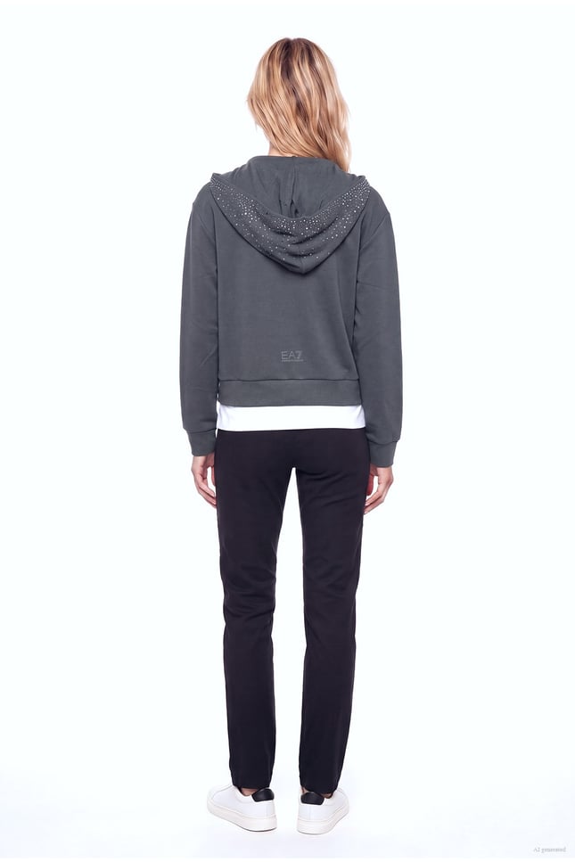 Ea7 Kadın Normal Kalıp Taş Desenli Kapüşonlu Uzun Kollu Antrasit Sweatshirt 7W001425 AF24375-U8117