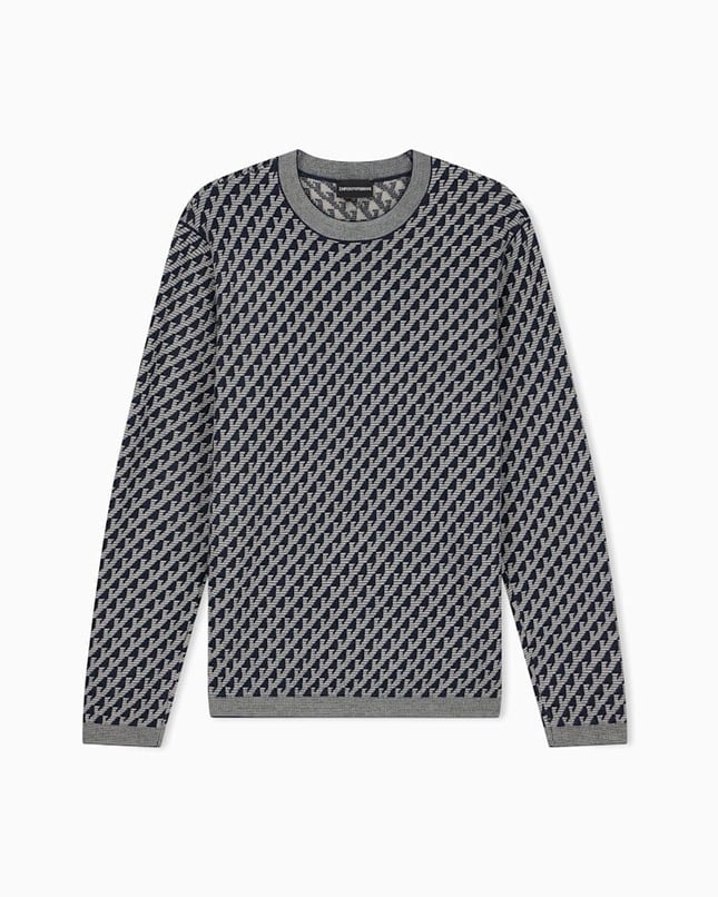 Emporıo Armani Erkek Saf Yün Jakar Logo Desenli Bisiklet Yaka Ribana Detaylı Uzun Kollu Lacivert Kazak EM006360 AF27946-FB066