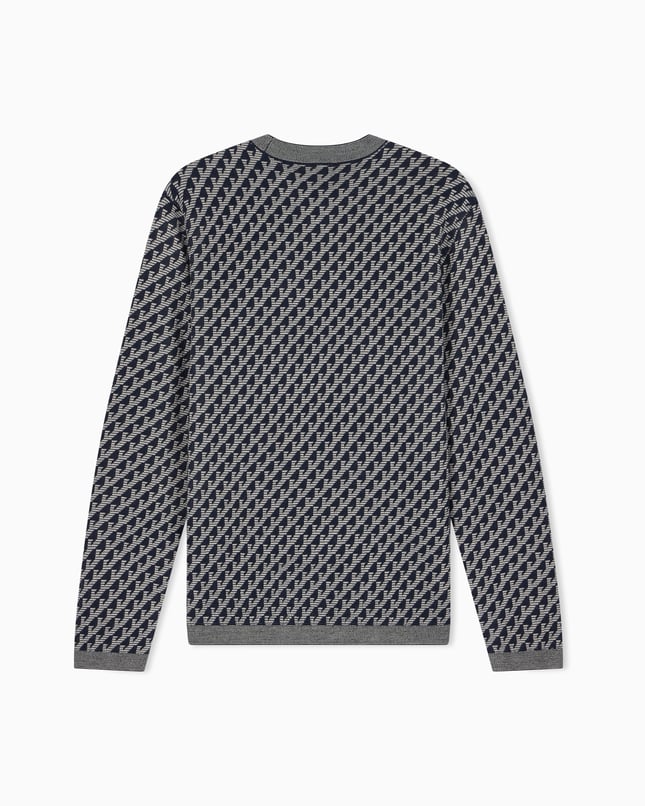Emporıo Armani Erkek Saf Yün Jakar Logo Desenli Bisiklet Yaka Ribana Detaylı Uzun Kollu Lacivert Kazak EM006360 AF27946-FB066