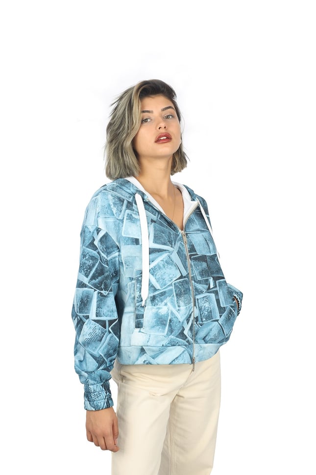 Emporıo Armani Kadın Polo Yaka Desenli Kısa Mavi Sweatshirt 6L2M9C 1J88Z-F933