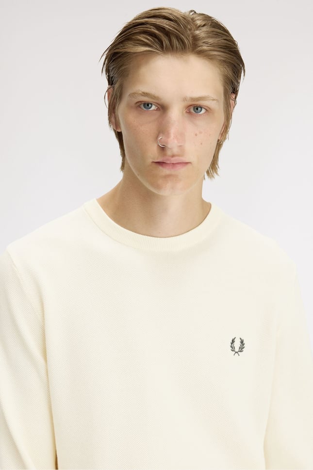 Fred Perry Erkek Logo İşlemeli Normal Kalıp Yuvarlak Yakalı %100 Pamuklu Uzun Kollu Beyaz Kazak K1309-560