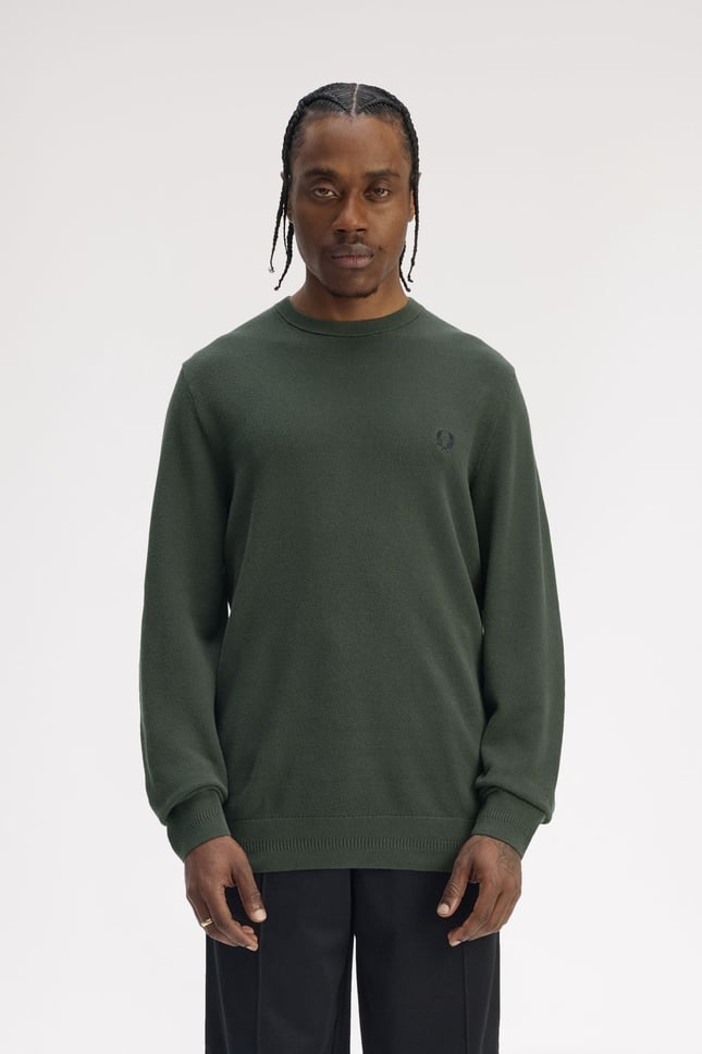 Fred Perry Erkek Logo İşlemeli Normal Kalıp Yuvarlak Yakalı %100 Pamuklu Uzun Kollu Yeşil Kazak K1309-X89