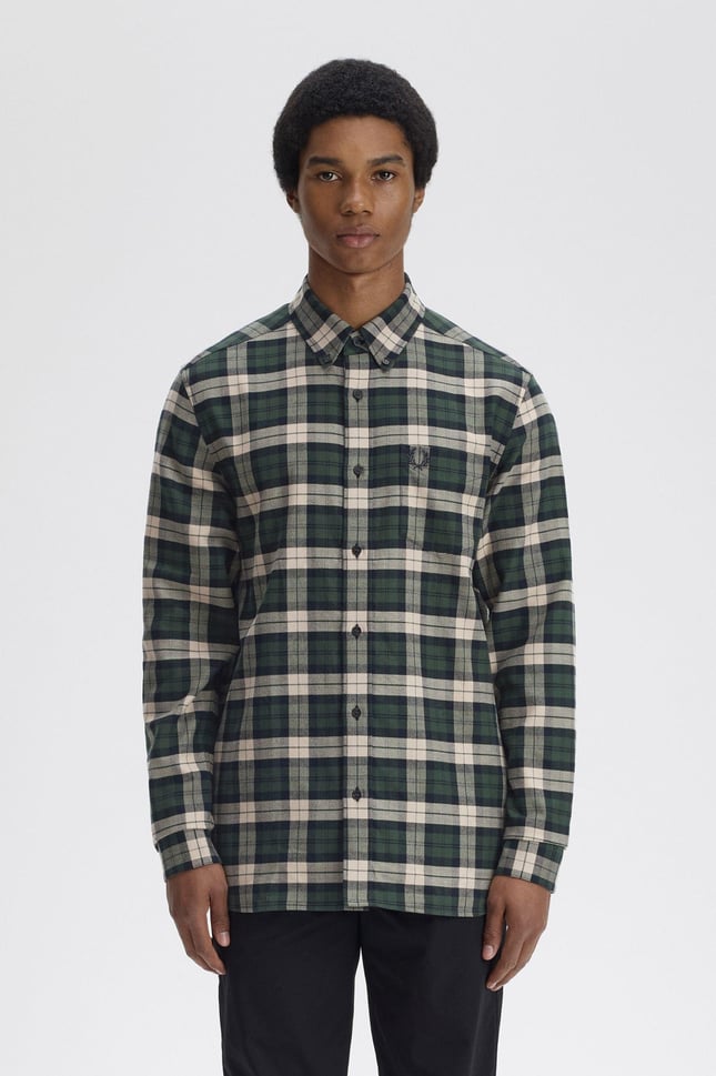Fred Perry Erkek Normal Kalıp Kare Desenli Pamuklu Uzun Kollu Yeşil Gömlek M1754-X89
