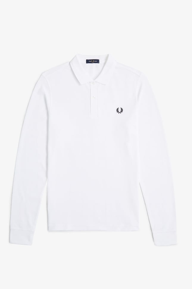 Fred Perry Erkek Normal Kesim Logo İşlemeli %100 Pamuklu Pike Kumaş Uzun Kollu Beyaz Polo Yaka T-Shirt M6006-100