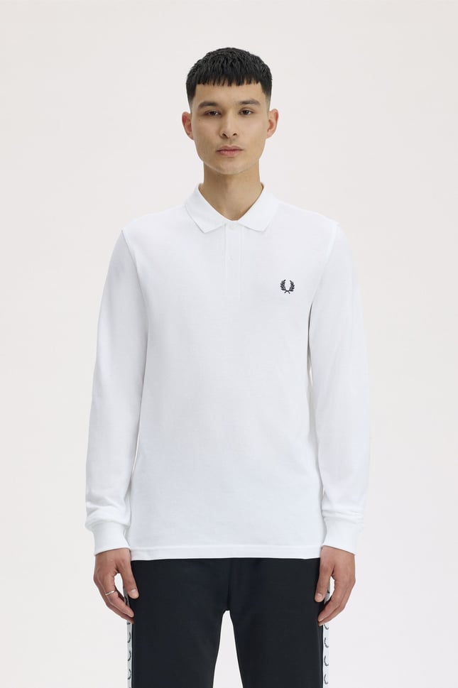 Fred Perry Erkek Normal Kesim Logo İşlemeli %100 Pamuklu Pike Kumaş Uzun Kollu Beyaz Polo Yaka T-Shirt M6006-100