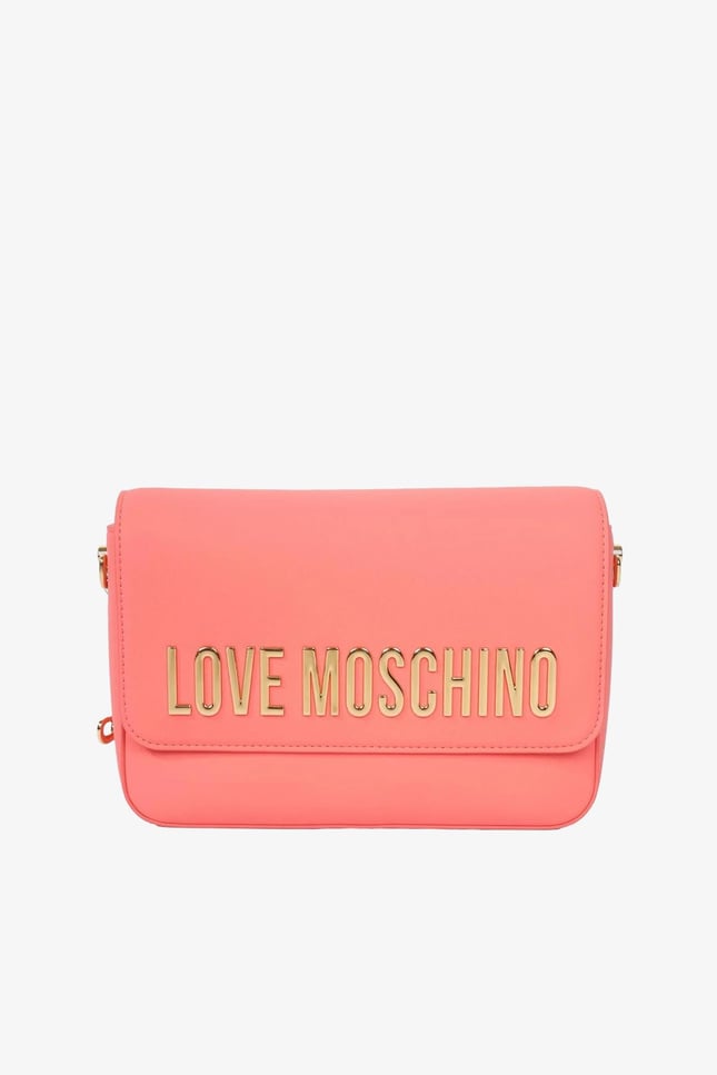 Love Moschino Love Moschino Kadın Deri Üzeri Logo Desenli Fermuar Kapamalı İç bölmeli Mercan Omuz Çantası JC4023PP1MKD0-464