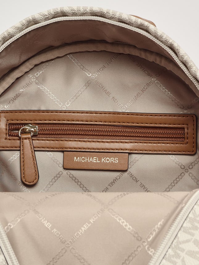 Michael Kors Kadın MK Yazı Desen Ön Küçük Fermuarlı Bölüm Ayarlanabilir Askı Deri Bej Sırt Çantası 30S4G8XB2B-VANILACRN