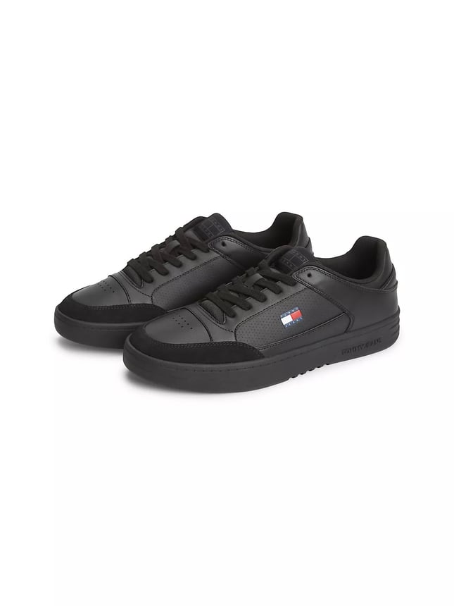 Tommy Hilfiger Erkek Hakiki Deri Kontrast Dokulu Delikli Yüzey Logolu Siyah Sneaker EM0EM01792-BDS