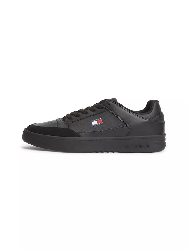 Tommy Hilfiger Erkek Hakiki Deri Kontrast Dokulu Delikli Yüzey Logolu Siyah Sneaker EM0EM01792-BDS