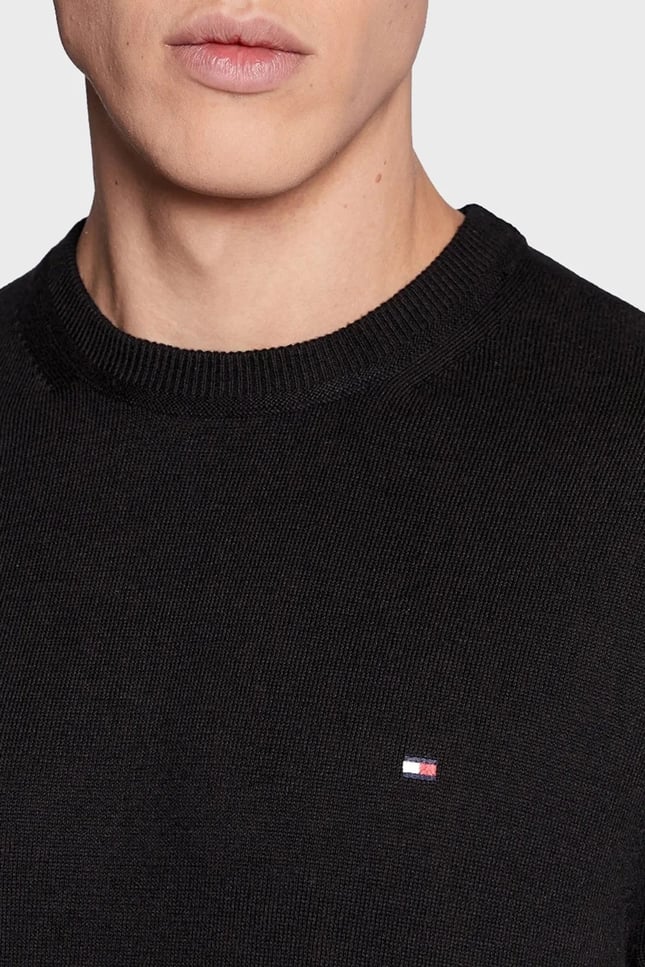 Tommy Hilfiger Erkek Logolu Yuvarlak Yakalı Uzun Kollu Günlük Kullanım Siyah Kazak MW0MW28046-BDS