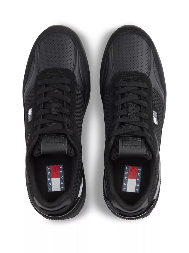 Tommy Hilfiger Erkek Süet ve Tekstil Karma Yüzey Logolu Koşu Tarzı Siyah Sneaker EM0EM01775-0GJ