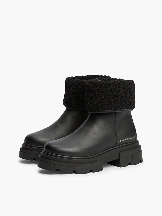 Tommy Hilfiger Kadın Hakiki Deri Kürk Katlamalı Yaka Fermuarlı Kalın Tırtıklı Tabanlı Metalik Logolu Siyah Bot & Bootie FW0FW09677-BDS