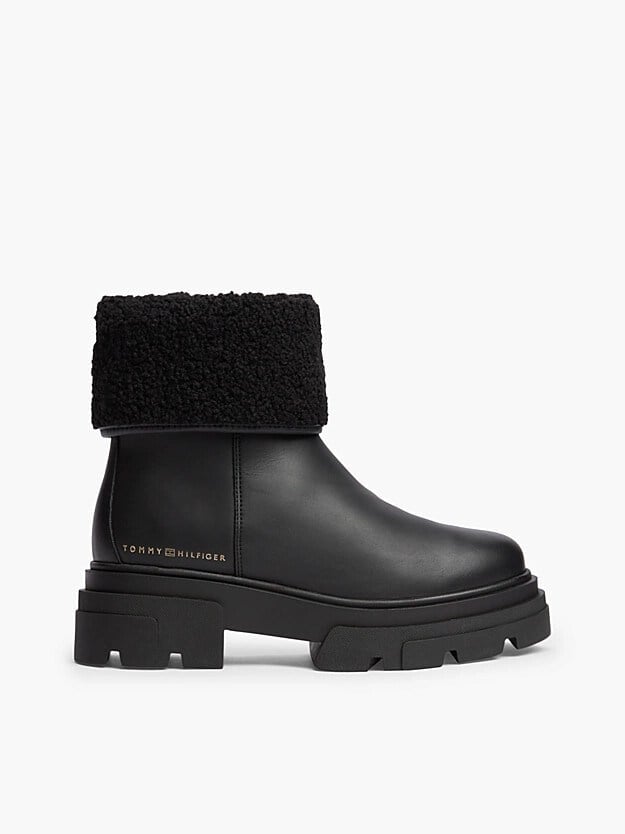 Tommy Hilfiger Kadın Hakiki Deri Kürk Katlamalı Yaka Fermuarlı Kalın Tırtıklı Tabanlı Metalik Logolu Siyah Bot & Bootie FW0FW09677-BDS