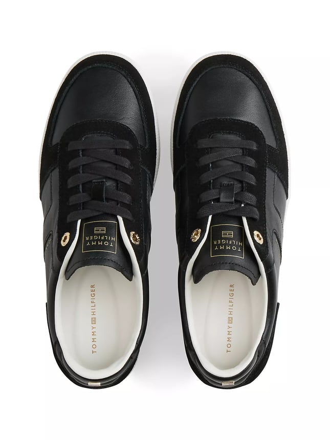 Tommy Hilfiger Kadın Hakiki Deri Dokulu Panelli Metalik Logolu Bayrak Detaylı Siyah Sneaker FW0FW09483-BDS