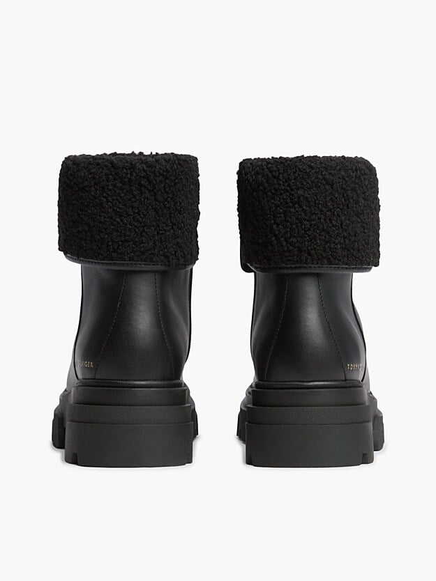 Tommy Hilfiger Kadın Hakiki Deri Kürk Katlamalı Yaka Fermuarlı Kalın Tırtıklı Tabanlı Metalik Logolu Siyah Bot & Bootie FW0FW09677-BDS