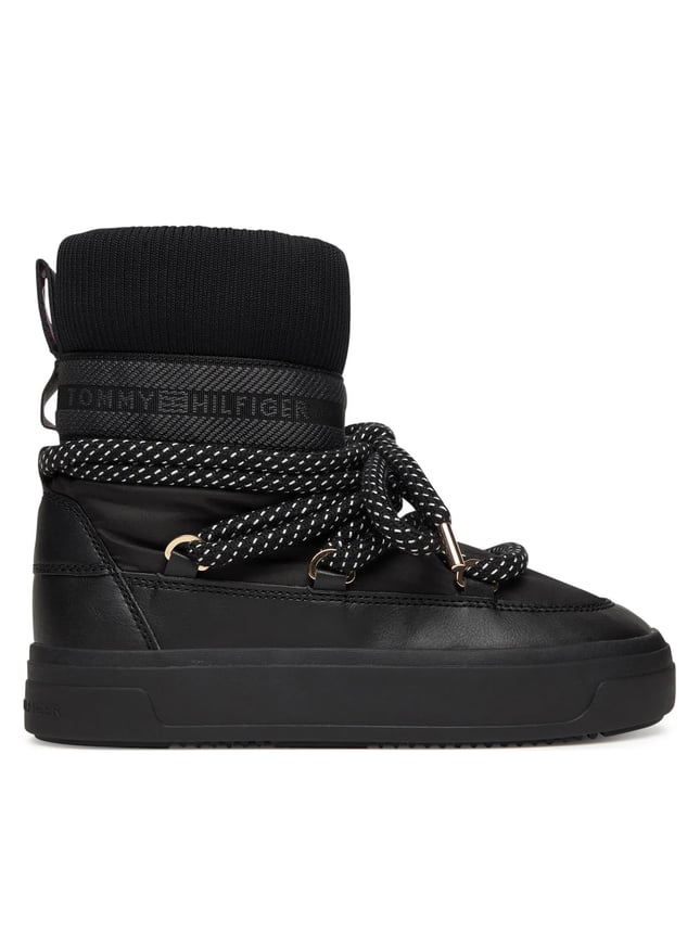 Tommy Hilfiger Tommy Hilfiger Kadın Kalın Bağcıklı Deri Düz Taban Çoraplı Siyah Bot & Bootie FW0FW09260-BDS
