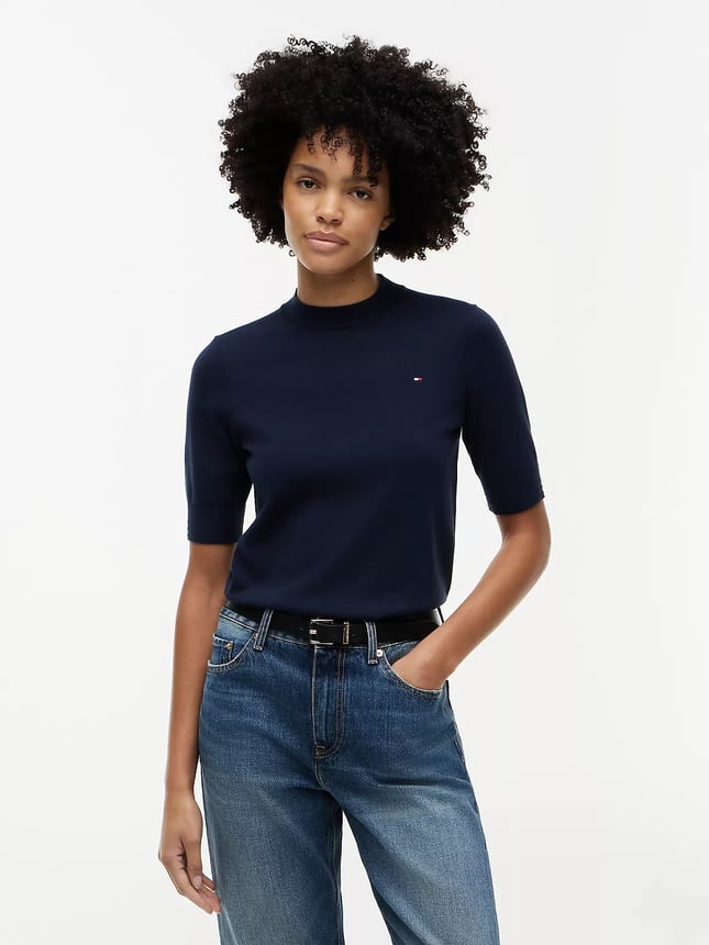 Tommy Hilfiger Kadın Kısa Kol Çizgi Desen Yuvarlak Yaka Regular Fit Lacivert Kazak WW0WW49705-C1G