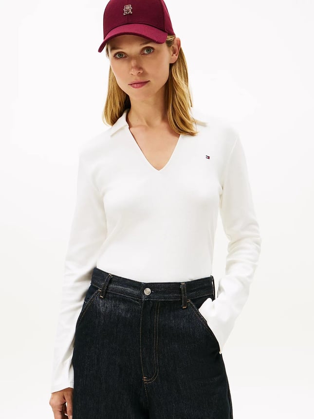 Tommy Hilfiger Tommy Hilfiger Kadın Marka Logolu Polo Yakalı Beyaz Polo Yaka T-Shirt WW0WW47850-YBL