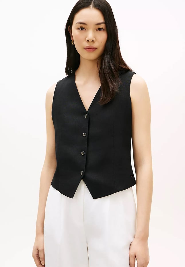 Tommy Hilfiger Tommy Hilfiger Kadın Normal Kesim Tek Düğmeli Keten Siyah Yelek WW0WW50765-BDS