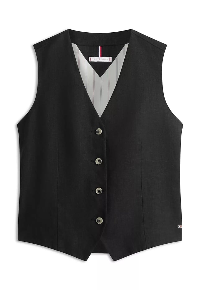 Tommy Hilfiger Kadın Normal Kesim Tek Düğmeli Keten Siyah Yelek WW0WW50765-BDS