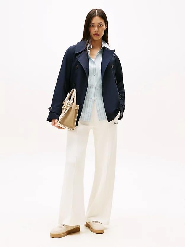 Tommy Hilfiger Kadın Pileli Straight Fit Geniş Paça İşleme Desenli Pamuklu Beyaz Eşofman Altı WW0WW45744-YA8