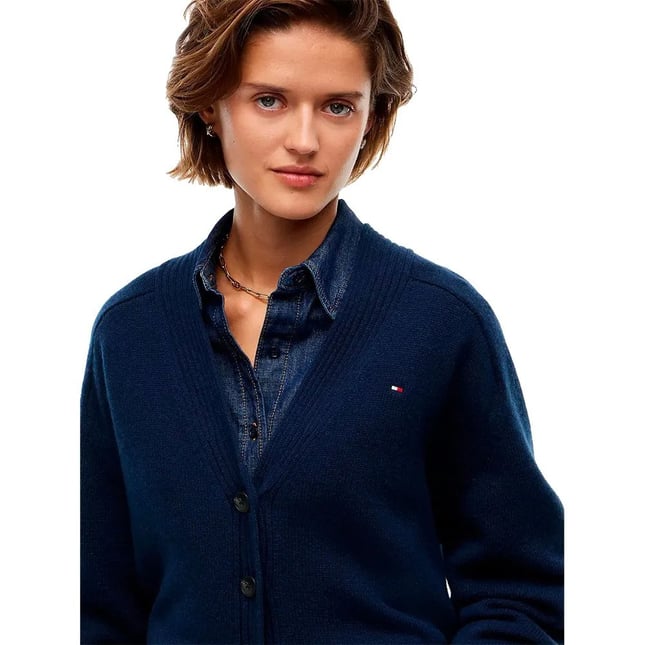 Tommy Hilfiger Kadın Regular Fit Geri Dönüştürülmüş Yün V Yaka Düğmeli Uzun Kollu Lacivert Kazak WW0WW52367-C1G