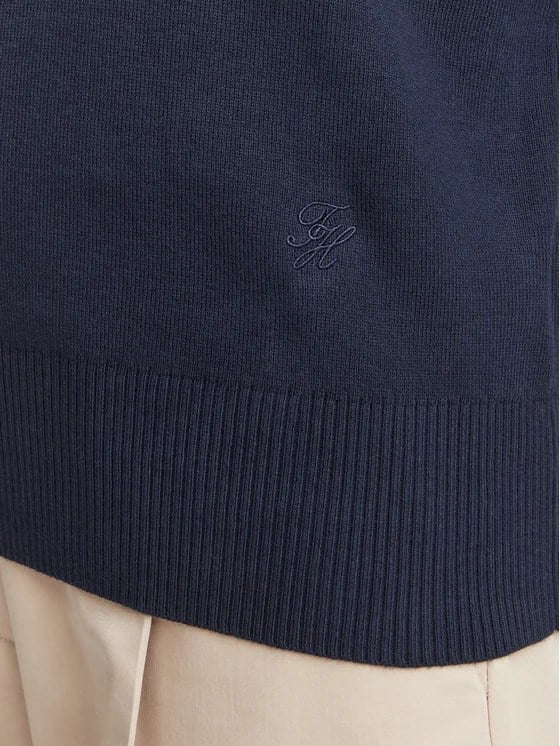Tommy Hilfiger Kadın Regular Fit %100 Pamuk Örme Bisiklet Yaka Logo İşlemeli Metal Bayrak Detaylı Lacivert Kazak WW0WW52298-C1G