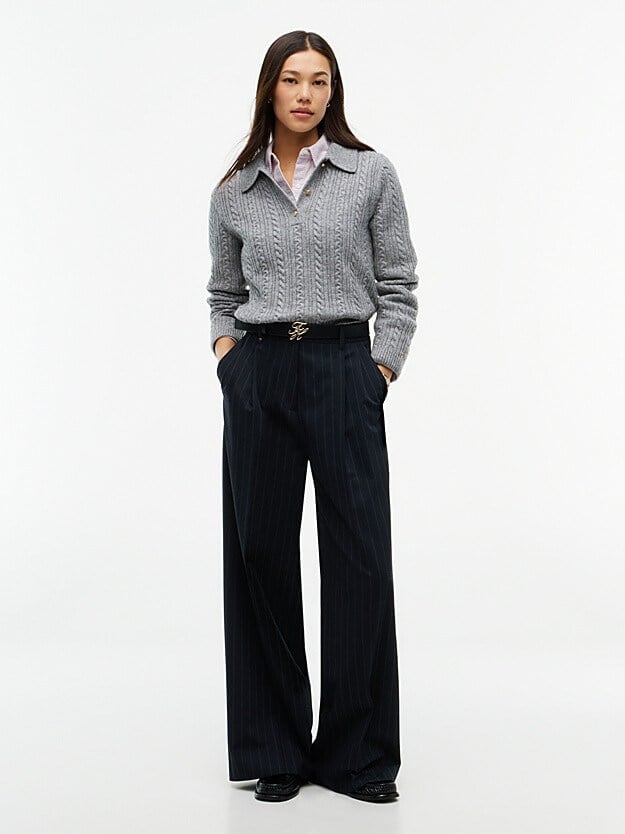 Tommy Hilfiger Kadın Regular Fit Yün İpek Karışımlı Saç Örgülü Üç Düğmeli  Metal Logolu Gri Kazak WW0WW52222-P7D