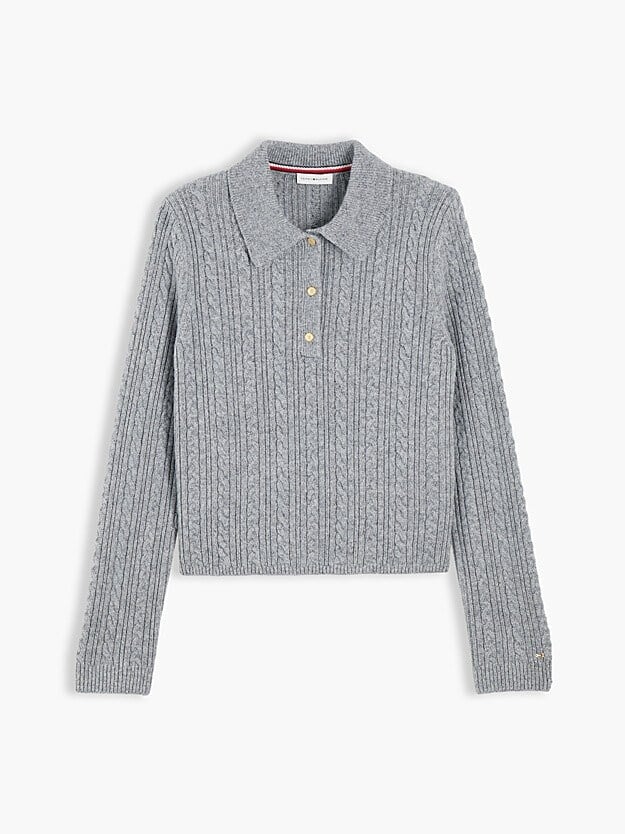 Tommy Hilfiger Kadın Regular Fit Yün İpek Karışımlı Saç Örgülü Üç Düğmeli  Metal Logolu Gri Kazak WW0WW52222-P7D