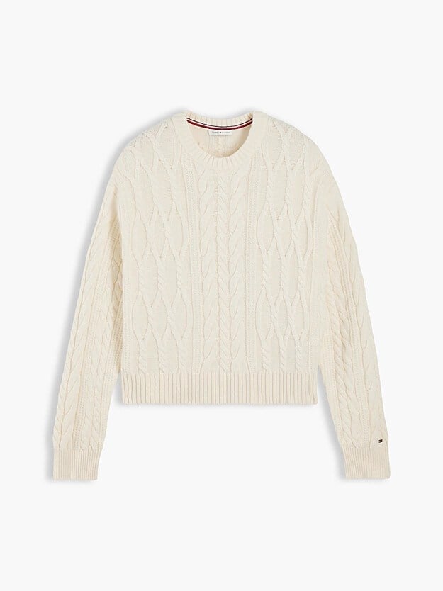 Tommy Hilfiger Kadın Relaxed Fit Yün İpek Karışımlı Saç Örgü Detaylı Bisiklet Yaka Düşük Omuzlu Sarı Kazak WW0WW51396-Z00