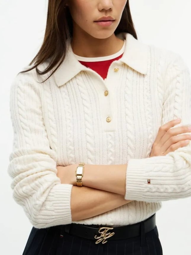 Tommy Hilfiger Kadın Regular Fit Yün İpek Karışımlı Saç Örgülü Üç Düğmeli  Metal Logolu Sarı Kazak WW0WW52222-Z00