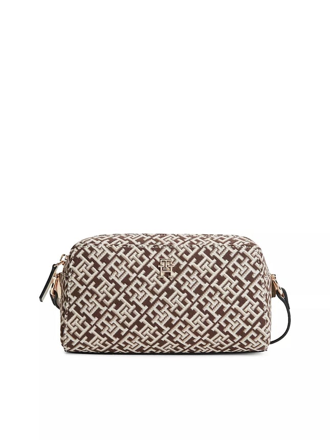 Tommy Hilfiger Kadın TH Monogram Desenli Fermuarlı Bej Omuz Çantası AW0AW18864-0F4