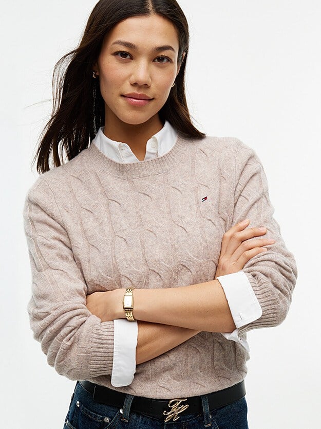 Tommy Hilfiger Kadın Yuvarlak Yaka Yünlü Örme Uzun Kollu Bej Kazak WW0WW43586-HH0